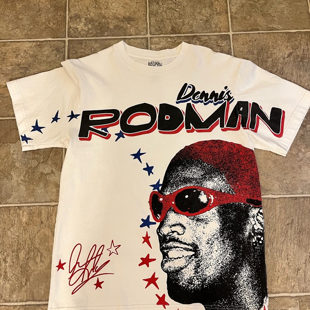 PacSun White Dennis Rodman Graphic Tee with Red & Navy Accents